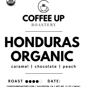 Coffee label showing name of coffee, flavor notes, and roast level.